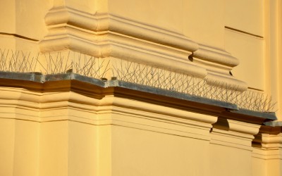 Bird spikes line the edges of a building's facade.
